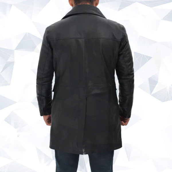 Shelby Mens Four Pocket Black Leather Trench Coat