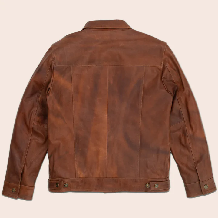 Men Brown Goatskin PlainTrucker Leather Bomber Jacket