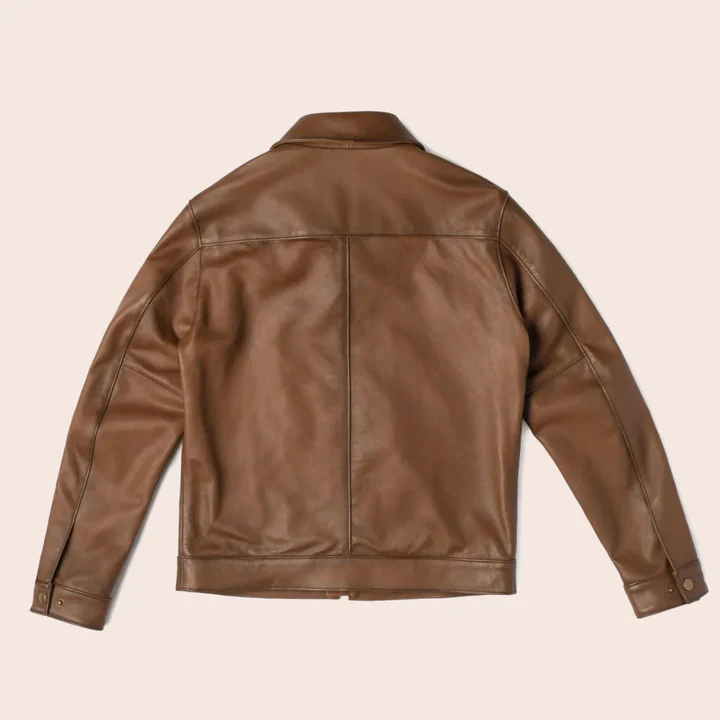 New Men Point Collar Classic Brown Sheepskin Leather Biker Jacket