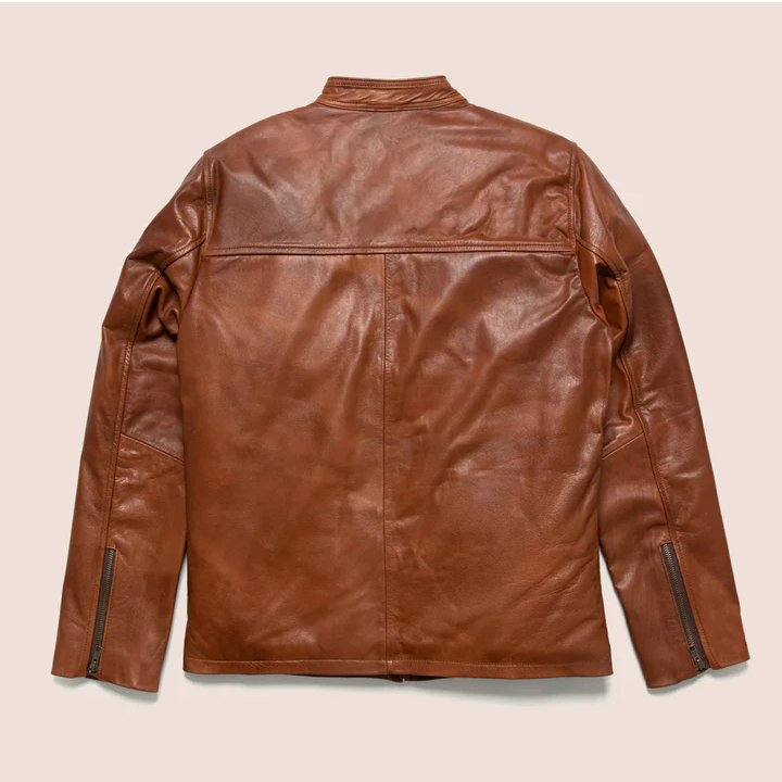 New Mens Sheepskin Light Brown Cafe Racer Genuine Leather Motorbike Jacket