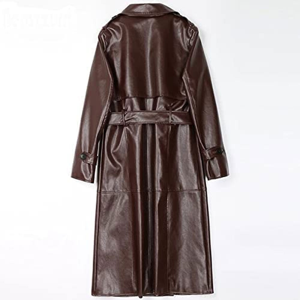 Long Black Faux Leather Trench Coat for Women Long Sleeve Belt Double Breasted Plus
