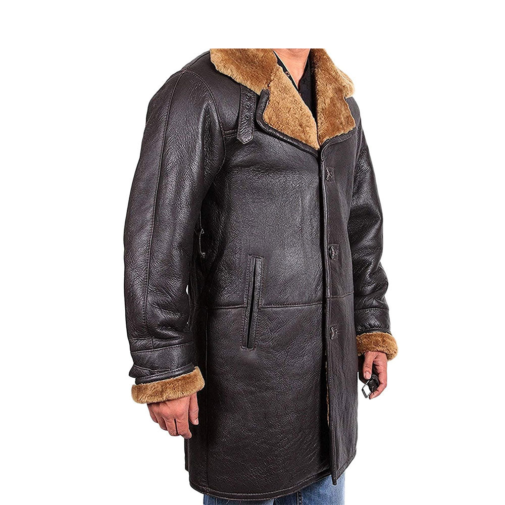 Mens Real Shearling Sheepskin Leather Warm Duffle Trench Coat