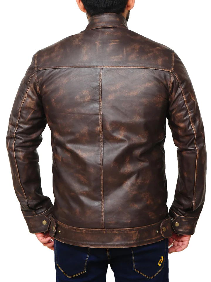 Men Sheepskin Distressed Brown Snap Tab Genuine Aviator Leather Jacket