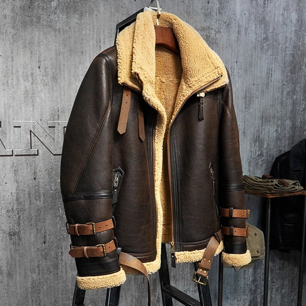 Mens Shearling Jacket B3 Flight Jacket Imported Wool From Australia Short Leather Jacket Mans Fur Coat