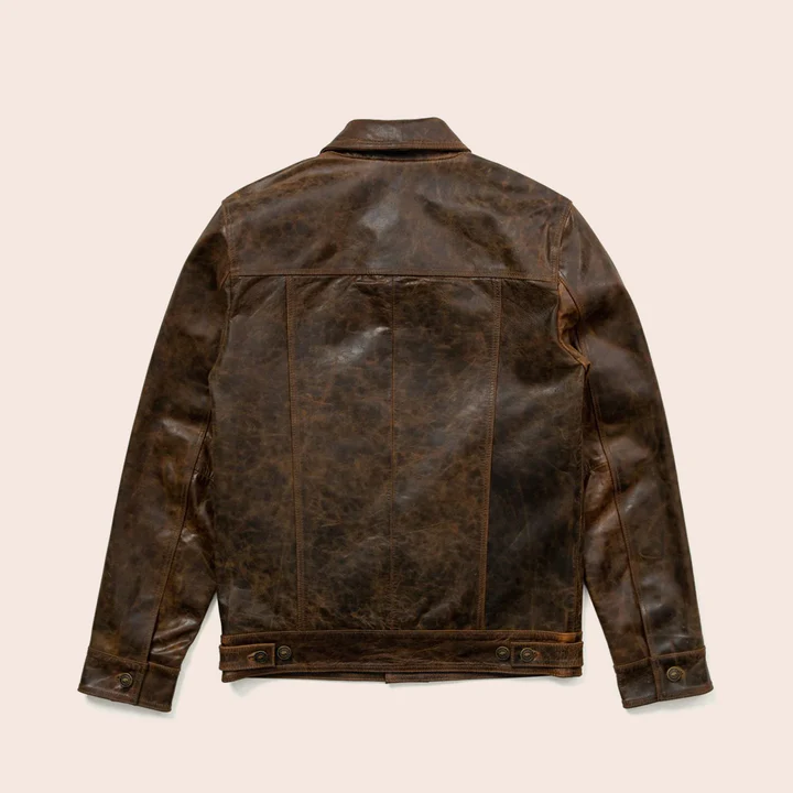 New Men Sheepskin Iconic Brown Trucker Genuine Leather Jacket