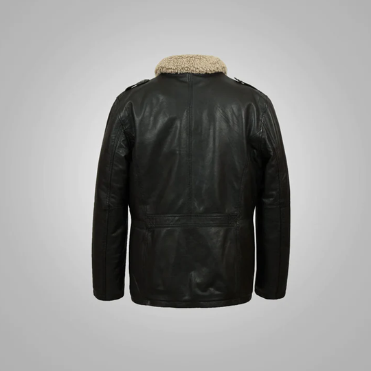 Black leather jacket with fur on collar