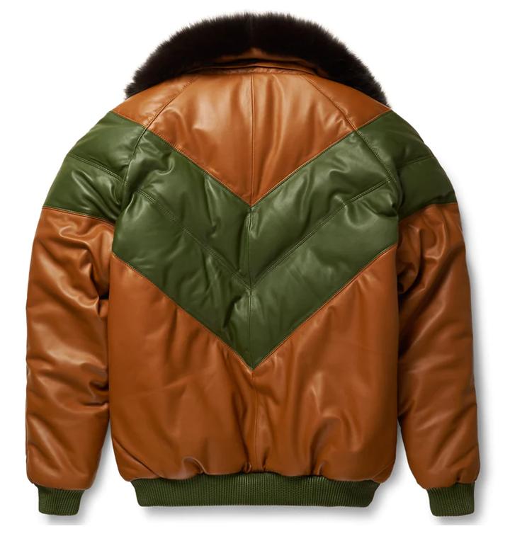 New Brown & Green Leather V-Bomber Jacket for Men With Black Fur