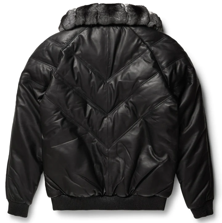 Black Leather V-Bomber Jacket for Men