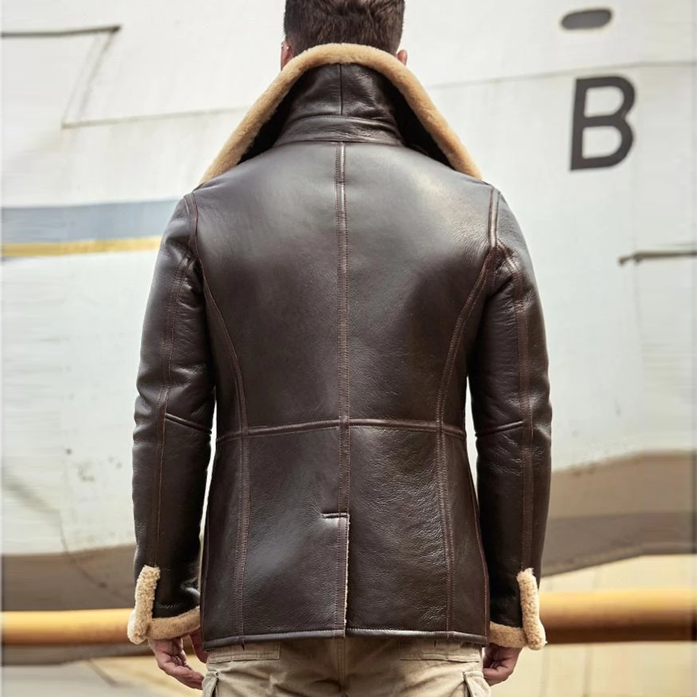 2019 New Mens B3 Brown Shearling Jacket Sheepskin Coat Long Leather Jacket Fur Coat Thick Mens Winter Coats