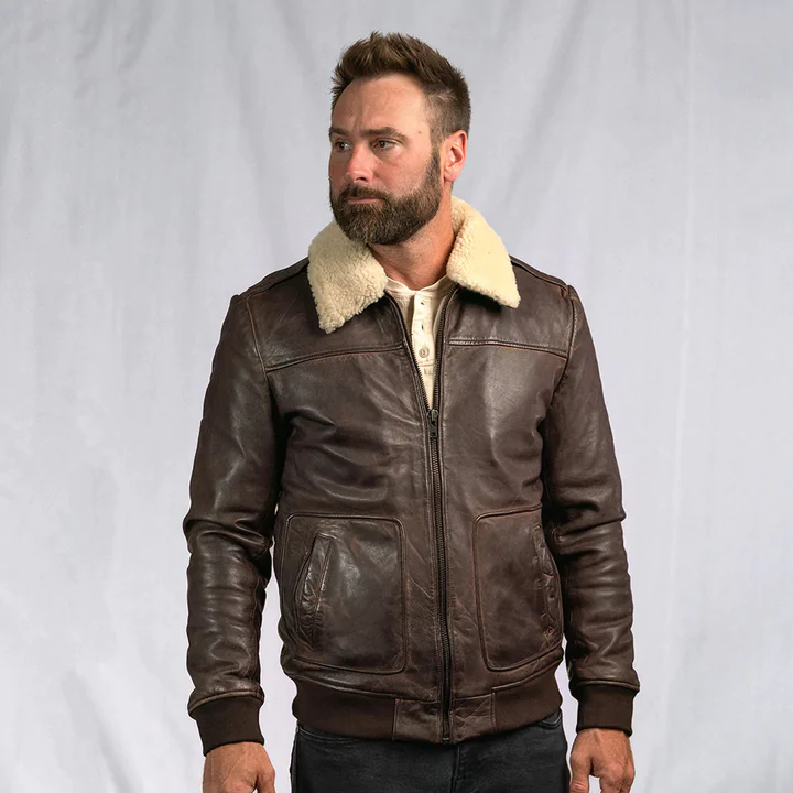 Men's Brown Vintage sheepskin A2 Leather Shearling Bomber Jacket