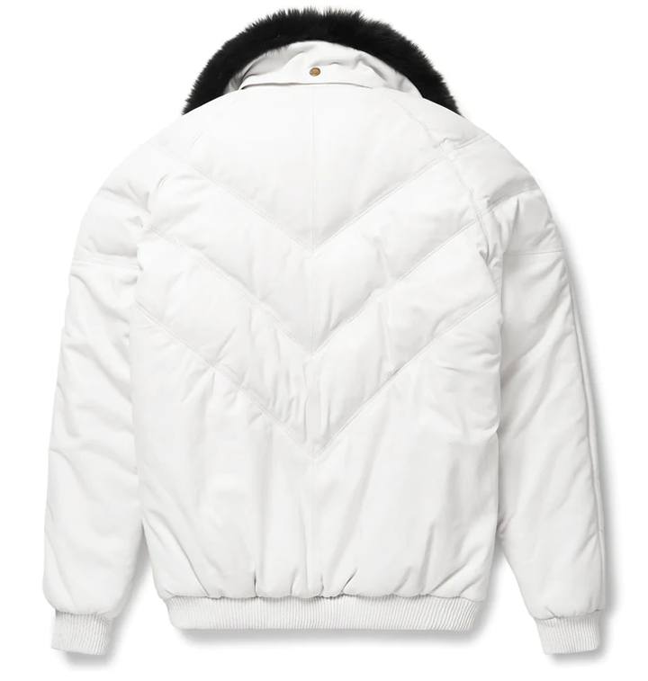 New Men Premium LambSkin White Leather V-Bomber Jacket With Black fur