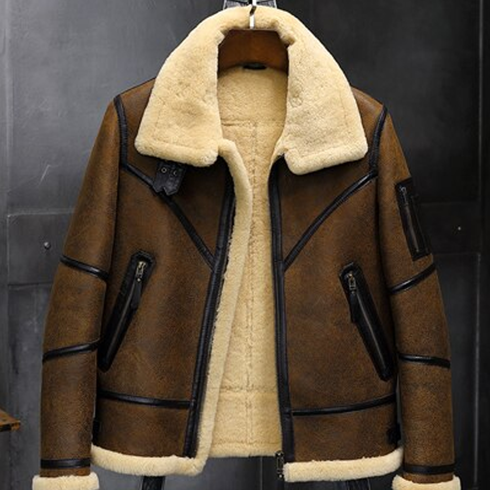 2019 New Mens Shearling Jacket B3 Flight Jacket Sheepskin Aviator Winter Coat Fur Bomber Leather Jacket