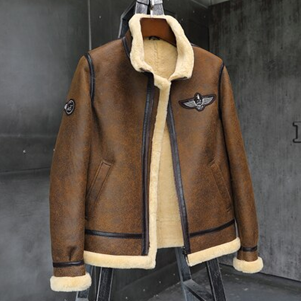 2019 New Mens Brown B3 Shearling Jacket Thicken Sheepskin Coat Winter Fur Coat Mens Leather Jacket Motorcycle Jacket