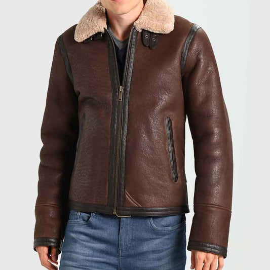 Mens Dark Brown Aviator Style Leather Jacket