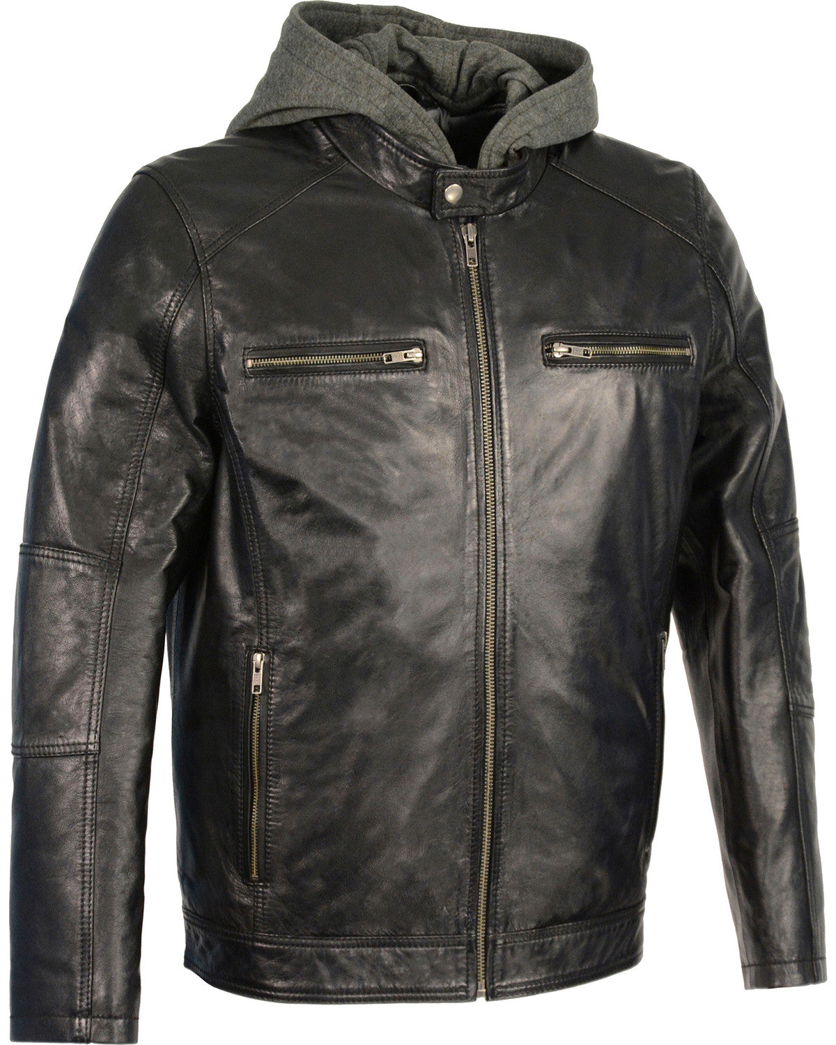 Black Motocycle Leather Biker Jacket Ionic Style for Men/Removable Hood