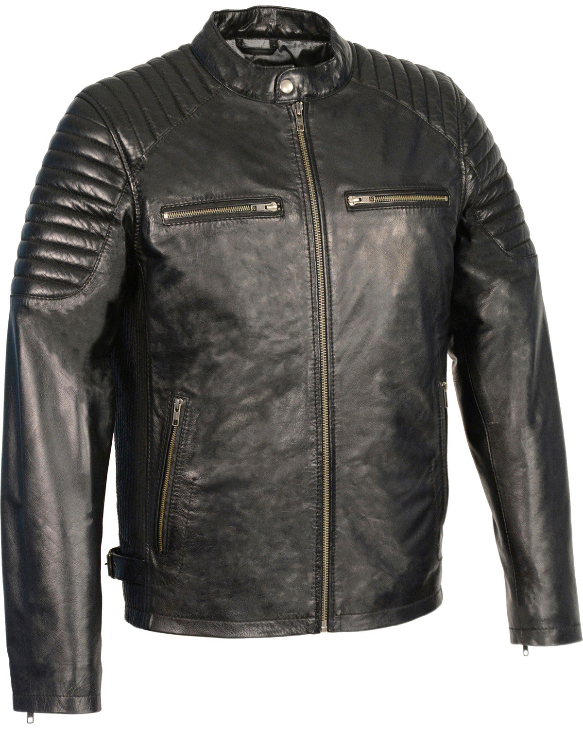Men's Quilted Shoulders Snap Collar Leather Jacket