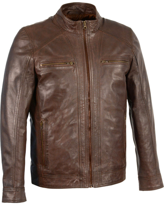 Men Brown Vented Scooter Zip-Front Sheepskin Motorcycle Leather Jacket