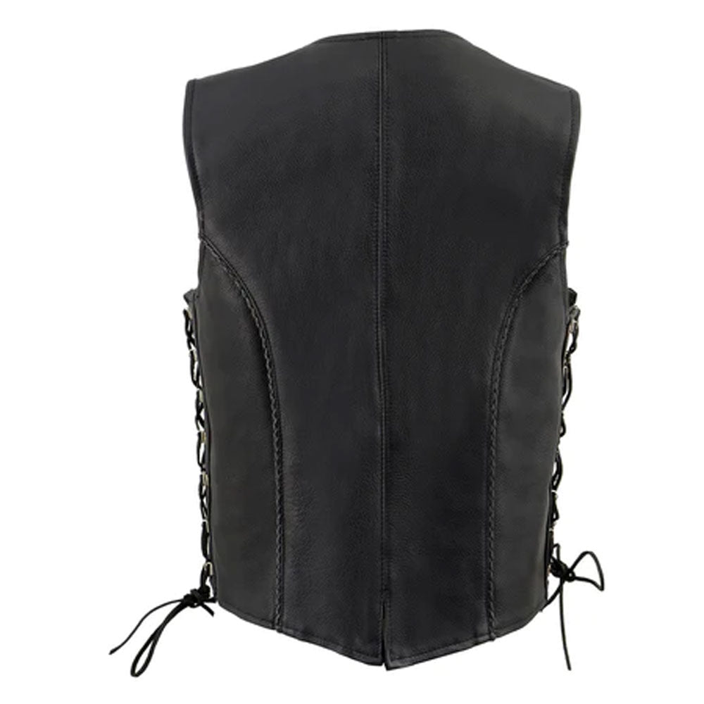 Women Black Leather Vest with Thin Braid Design