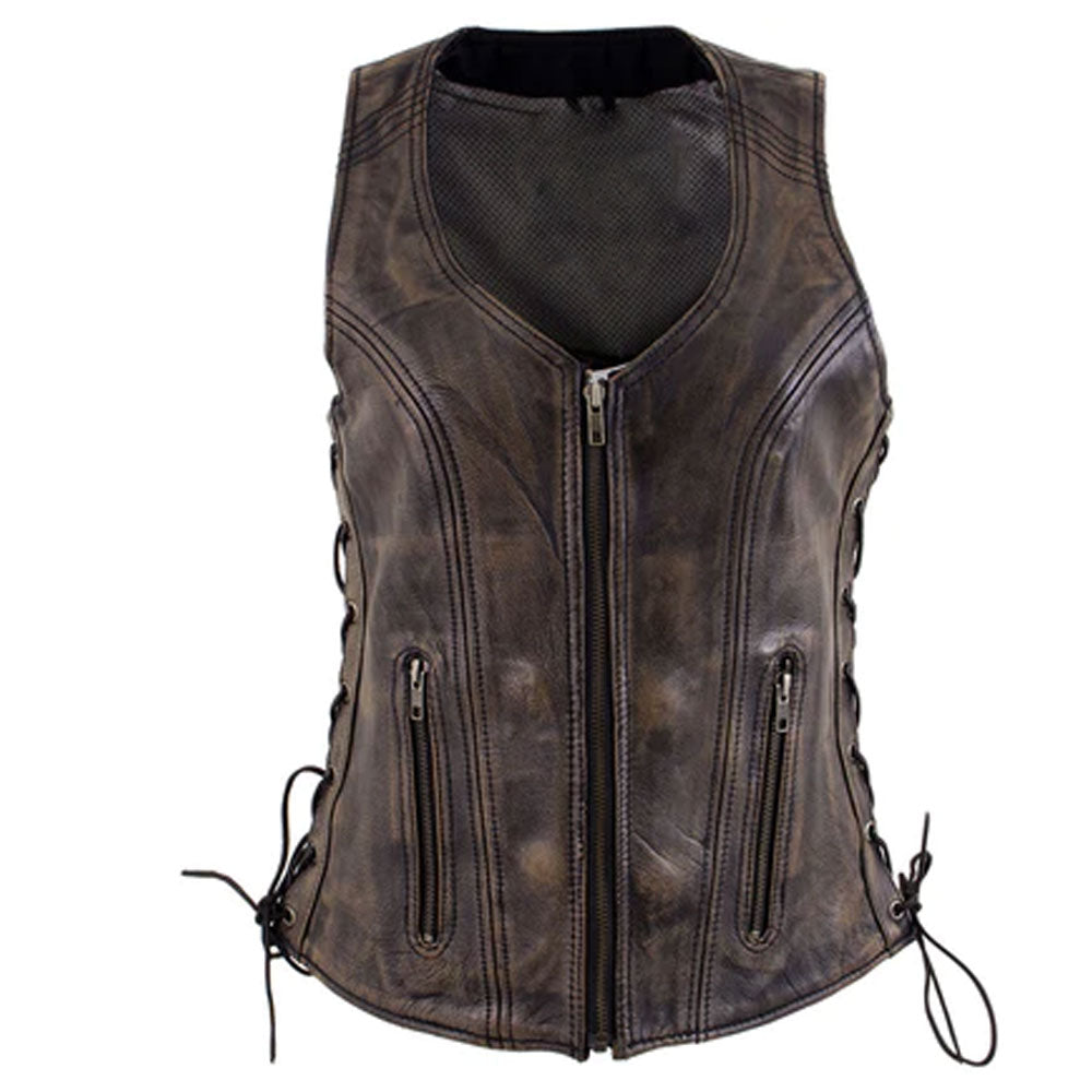 Women's Distress Brown Leather Vest with Side Laces