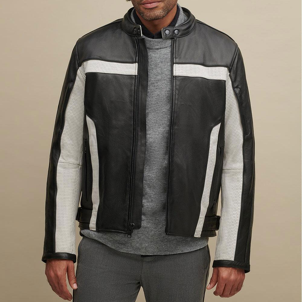 Men's Color Blocked Genuine Leather Biker Jacket
