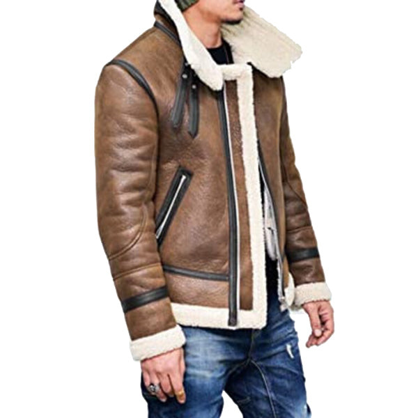 Mens Aviator Jacket Winter Highneck Warm Shearling Fur Liner Outwear