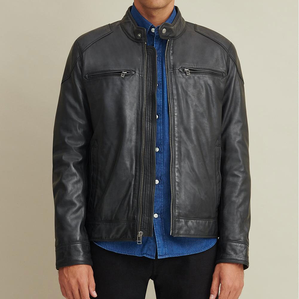 Men's Leather Biker Jacket with Shoulder Patches