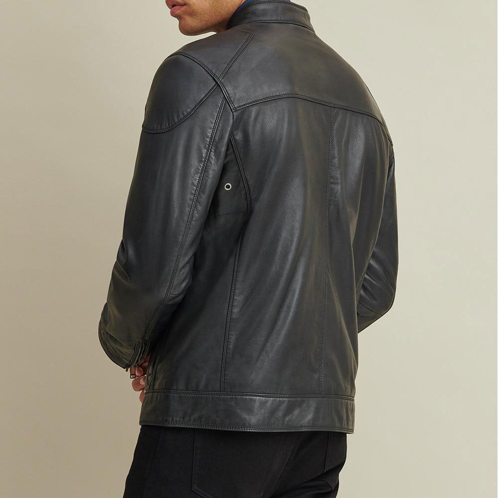Men's Leather Biker Jacket with Shoulder Patches