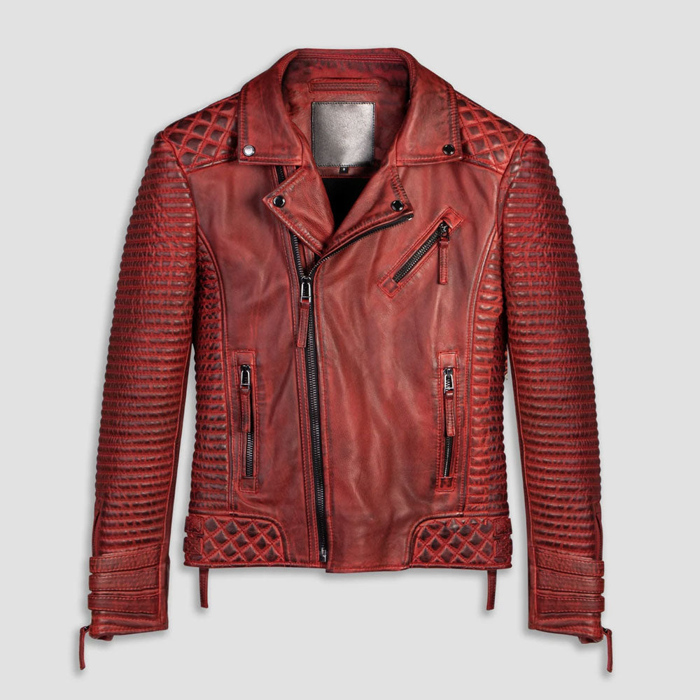 Men Red Waxed Biker Leather Motorcycle Jacket