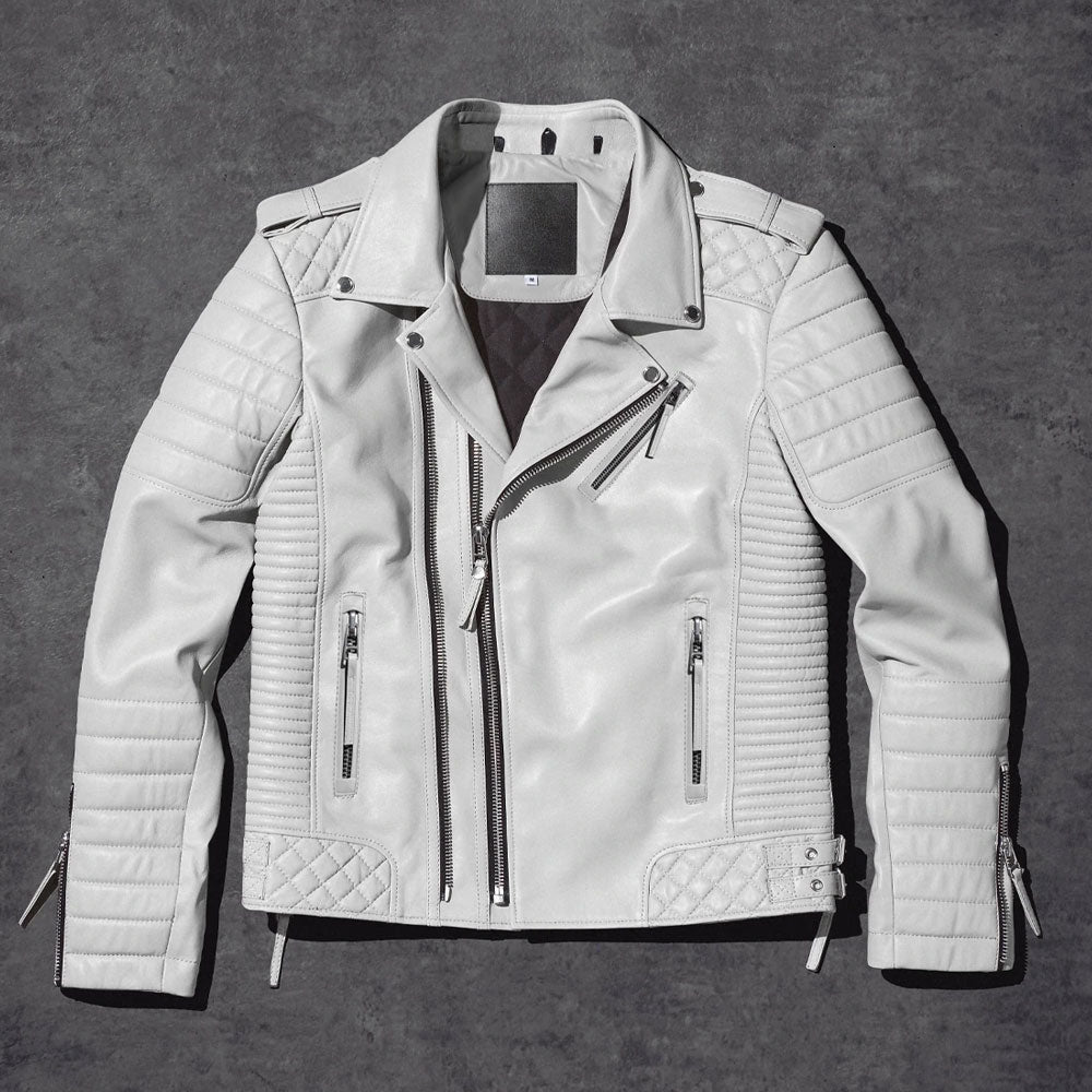 Men White Pearl Biker Leather Jacket