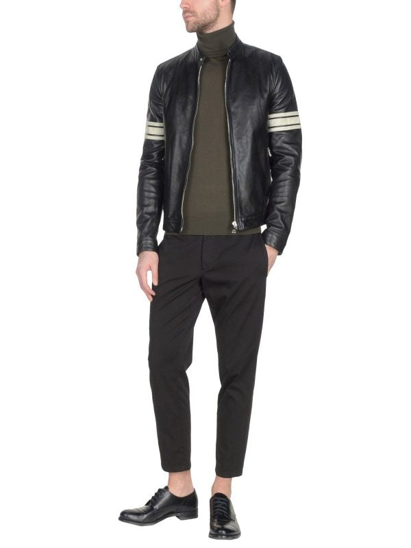 New Mens Black Sheepskin Leather Moto Jacket With White Strips