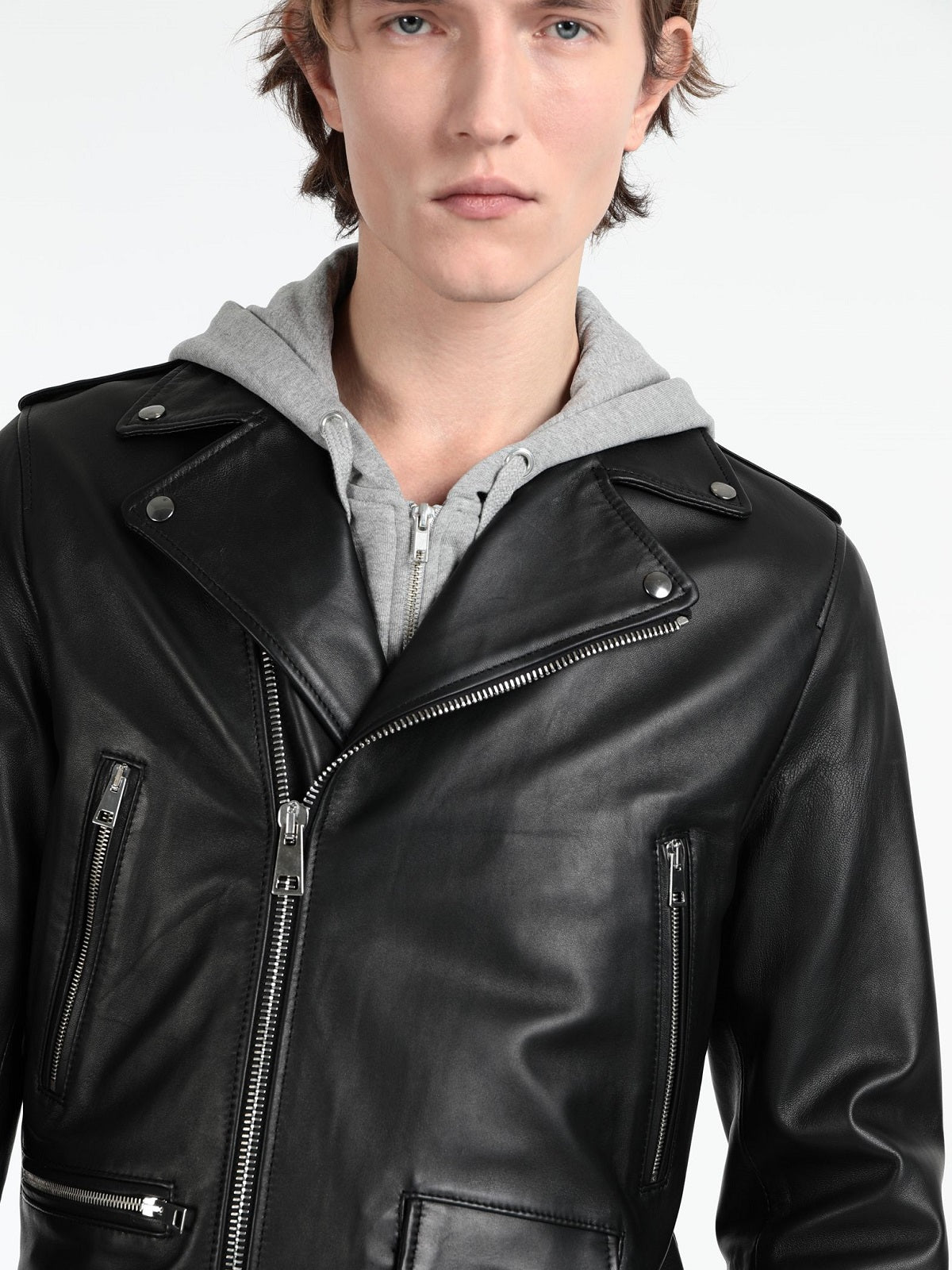 Mens Black Sheepskin Leather Hooded Real Biker  Leather Bomber Jacket