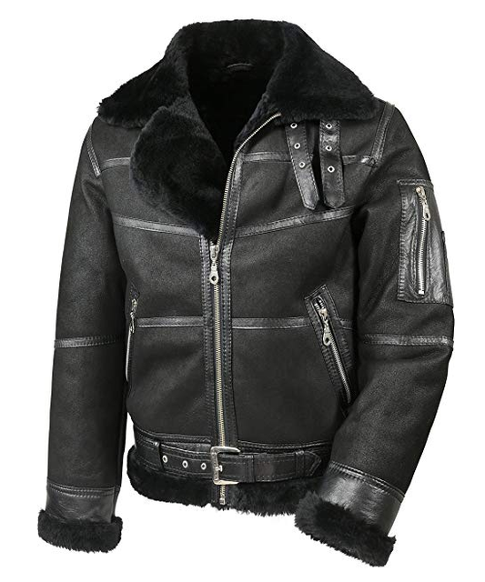 Mens Black Aviator B16 Lambskin Shearling Jacket With Fur