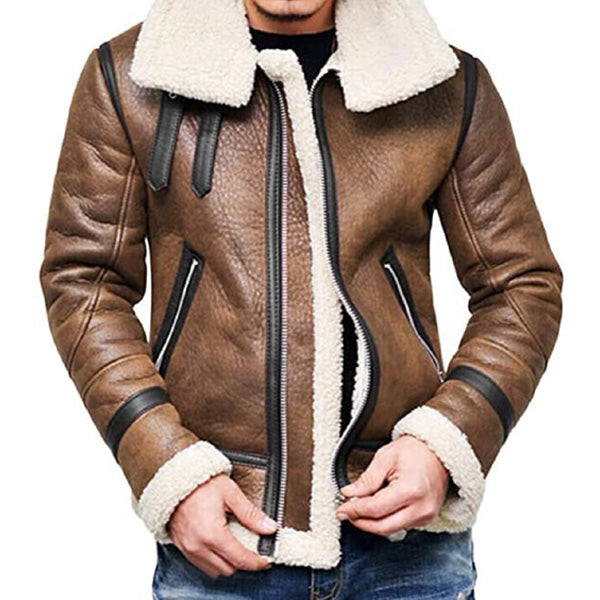 Mens Aviator Jacket Winter Highneck Warm Shearling Fur Liner Outwear