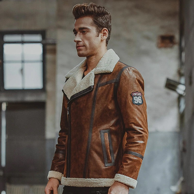 Mens Brown Real Leather Fur Shearling Jacket