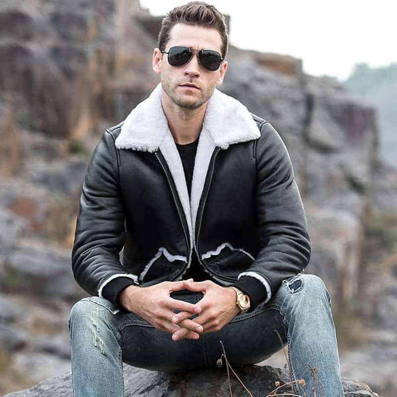 Men’s Genuine Shearling Black Leather Jacket with Rib Cuff