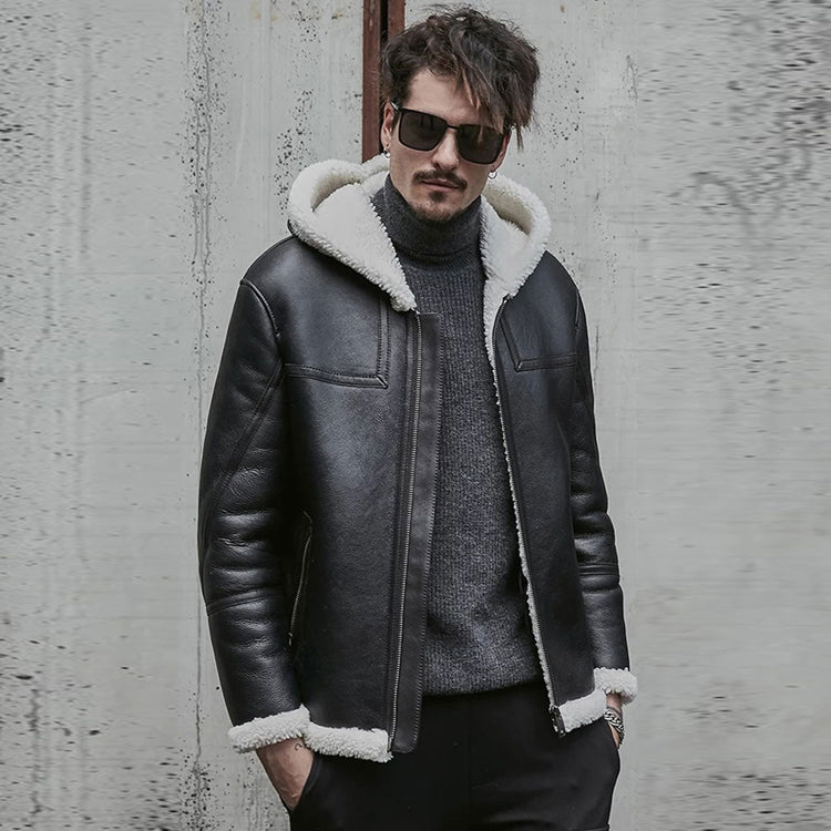 Men’s Black Sheepskin Leather White Shearling Jacket with Hood