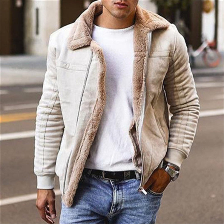 Winter Men&#39;s Frosted Velvet Jacket Faux Fur collar Coat Thick Thermal Jacket 2021