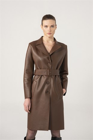 Best shearling Women Brown Laminated fur long Leather Coat