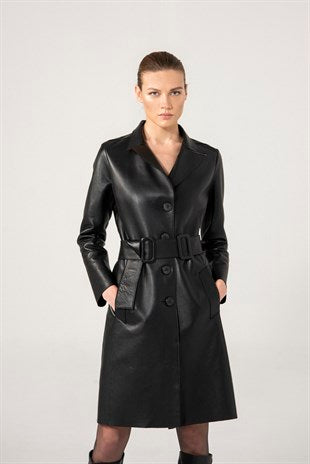 shearling bomber long fur Women Black Laminated Leather Coat
