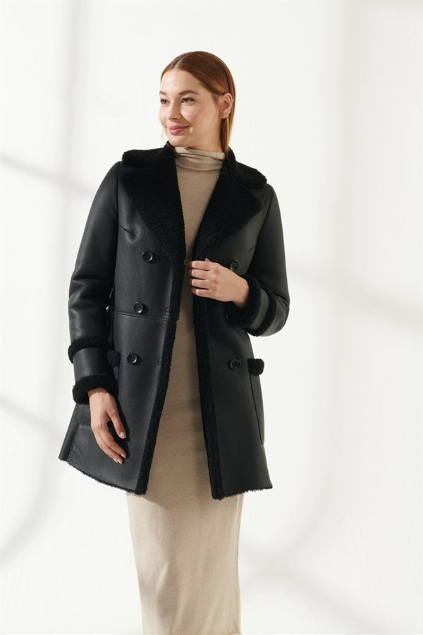 shearling jacket on sale  Women Casual bomber Black Shearling Coat