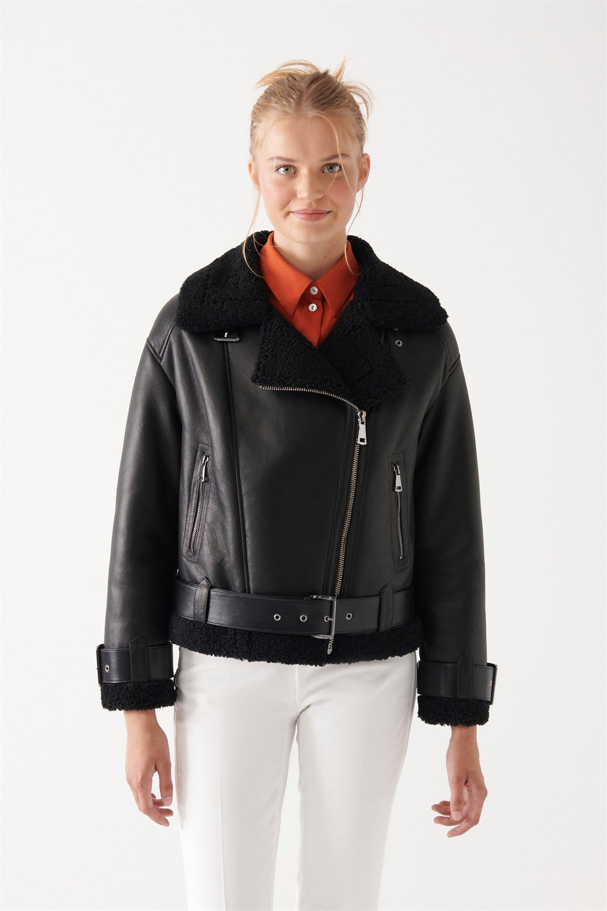 Women black Shearling Fur Leather Jacket