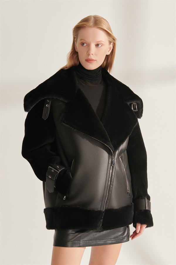 Women Black Oversize Shearling fur bomber Leather Jacket