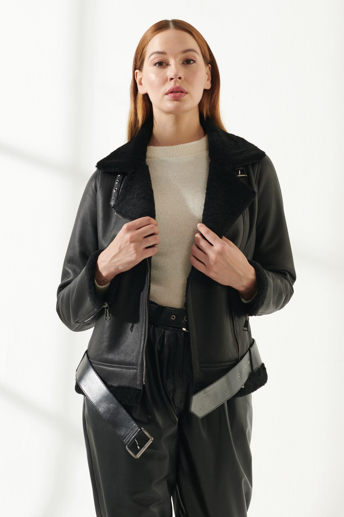 Women Fur Airforce Black Shearling Leather Jacket