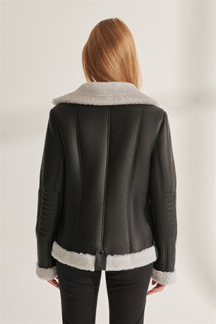Women Black Sport Shearling Leather fur bomber  Jacket