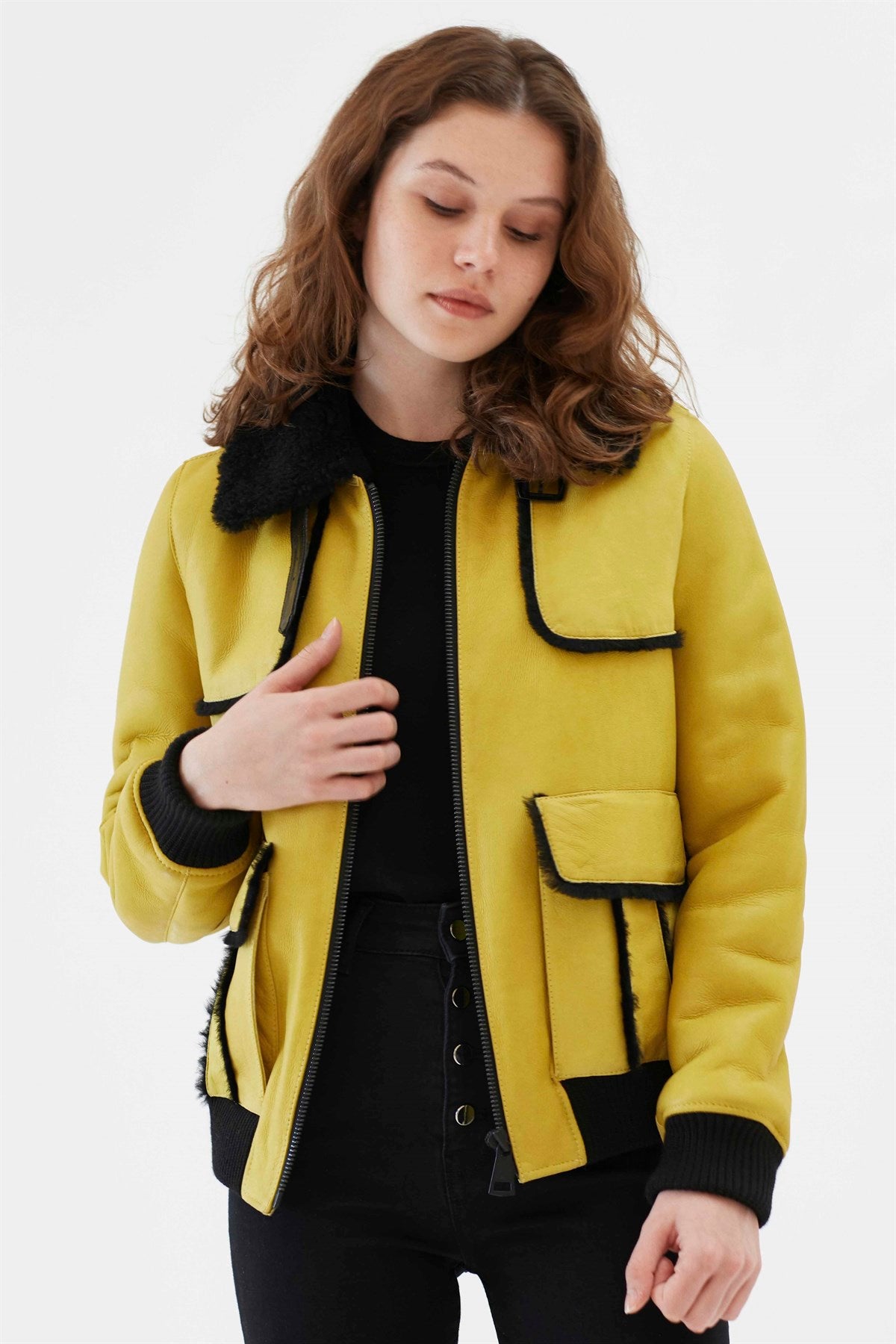 Women B3 Bomber Yellow Shearling Leather Jacket