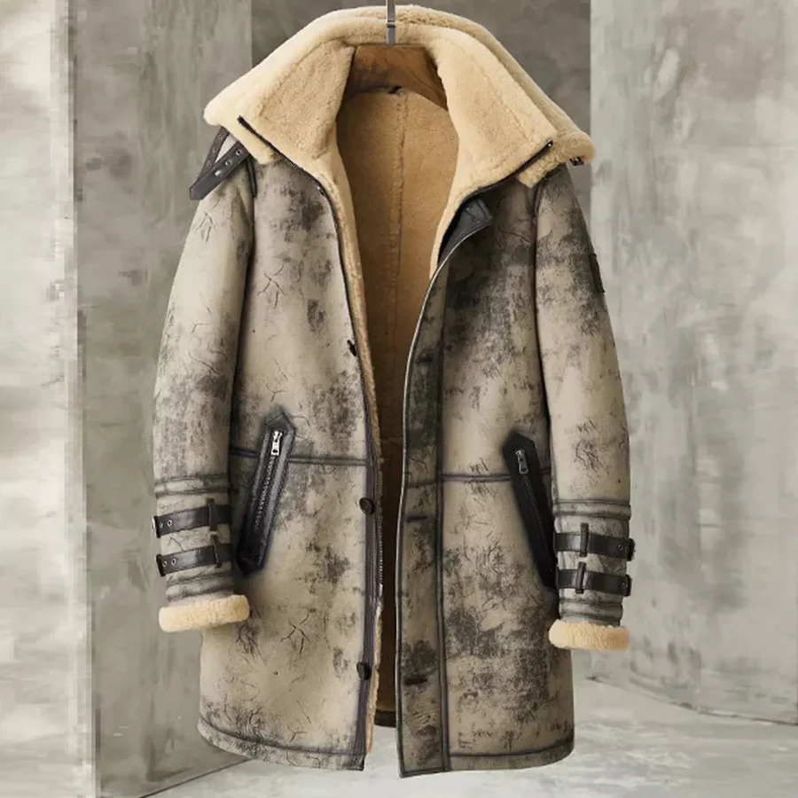 Mens Waxed b3 shearling sheepsking leather jacket coat 2023