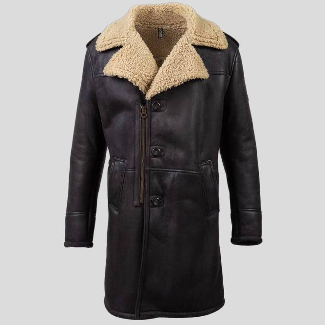 Mens Shearling Leather Trench Coat Black