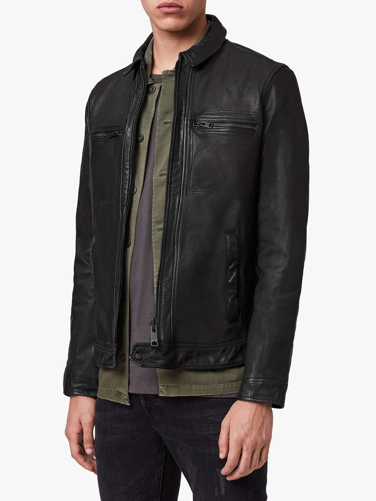 Men Solid Black Leather Jacket
