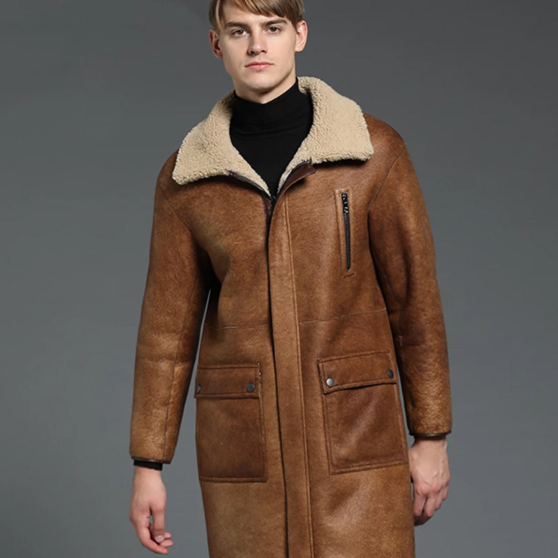 Men's Winter Slim B3 Shearling Long Jacket Coat