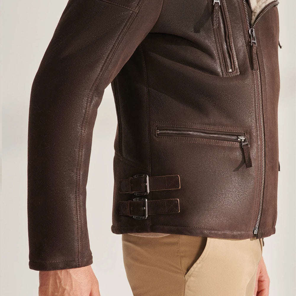 Brown Suede shearling Leather Jacket for Men Genuine Sheepskin Coats